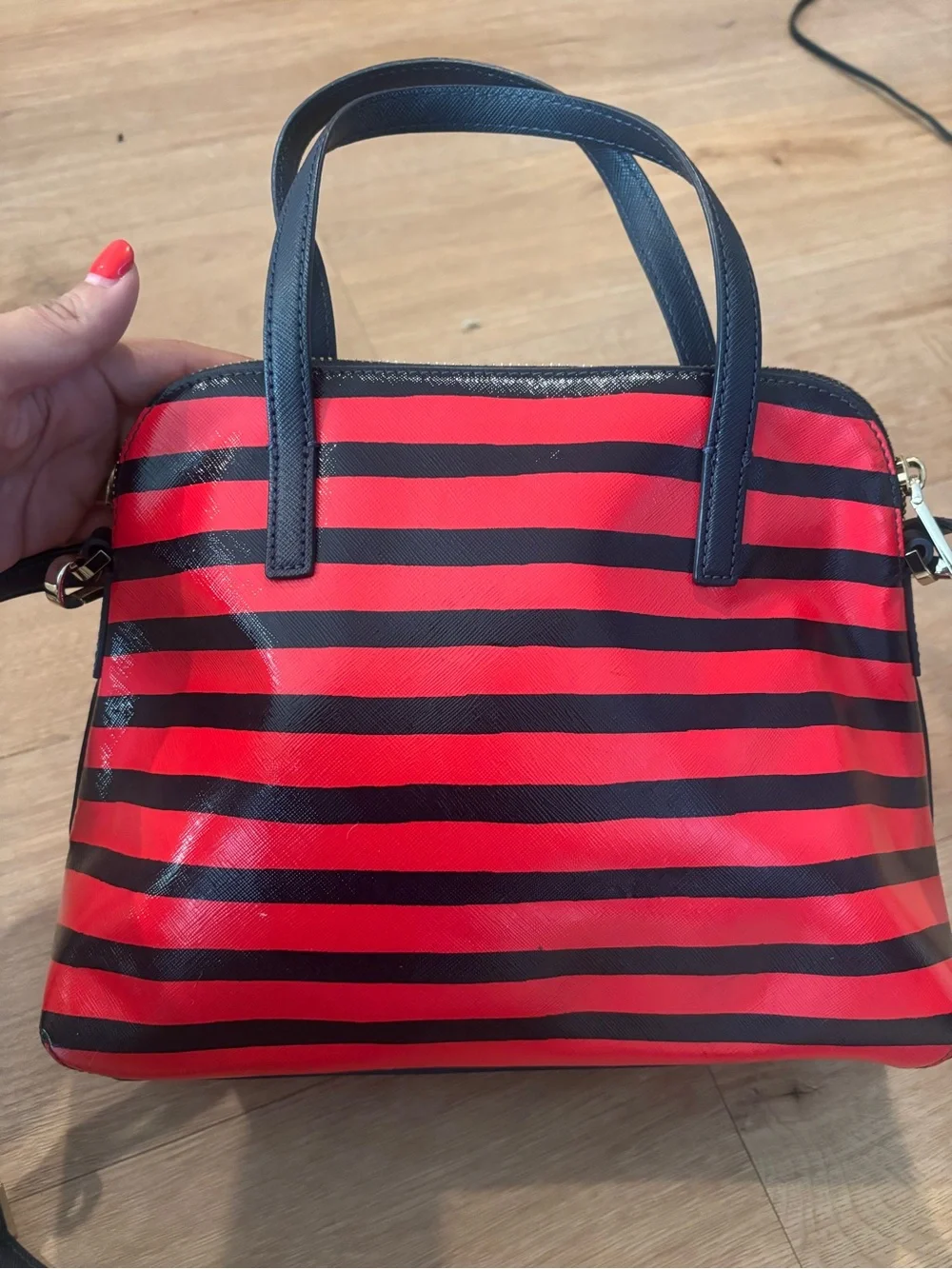 kate spade Red and Navy Striped Dome Satchel with Bow Accent